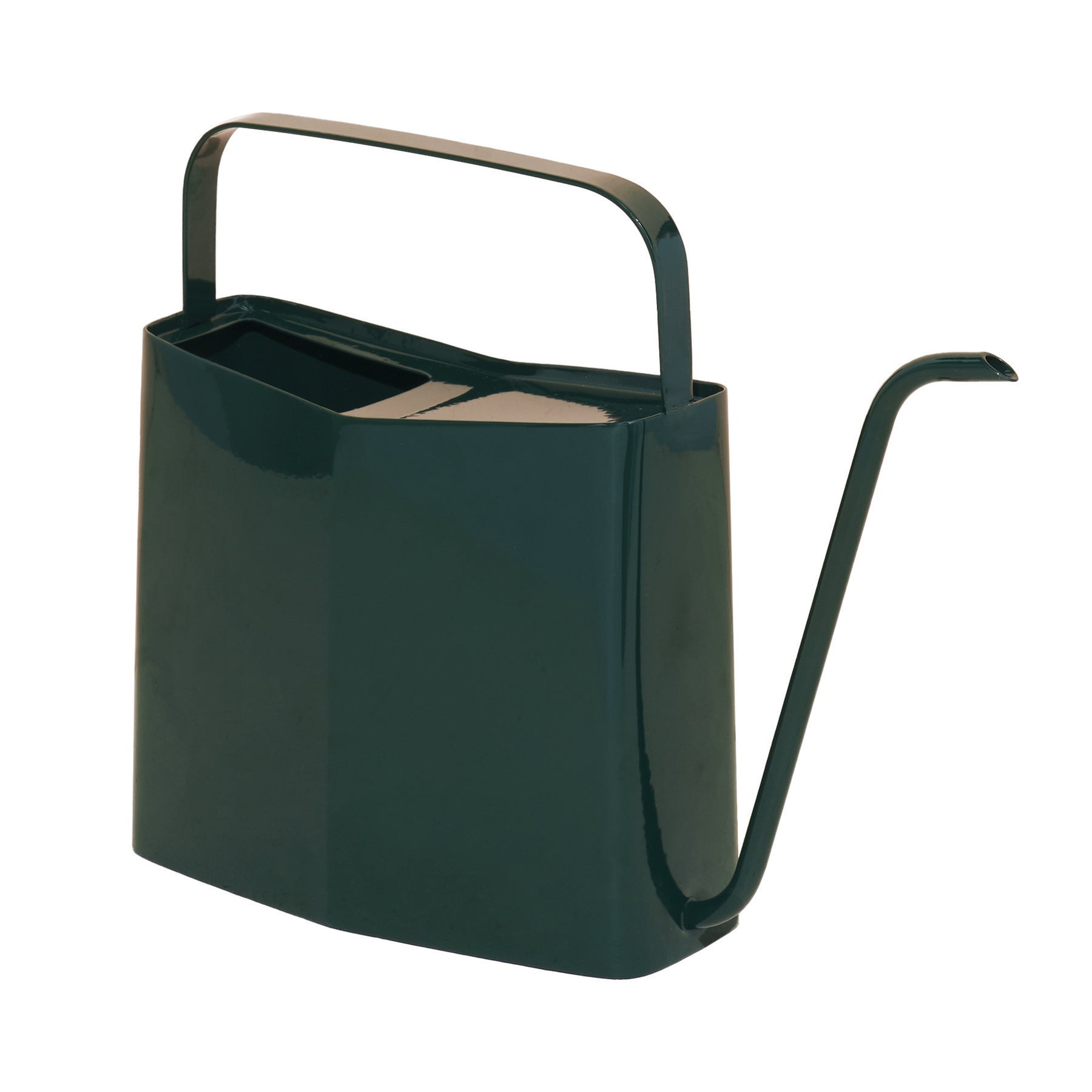 Dark green watering can with a sleek, modern design and a long spout for precise watering.
