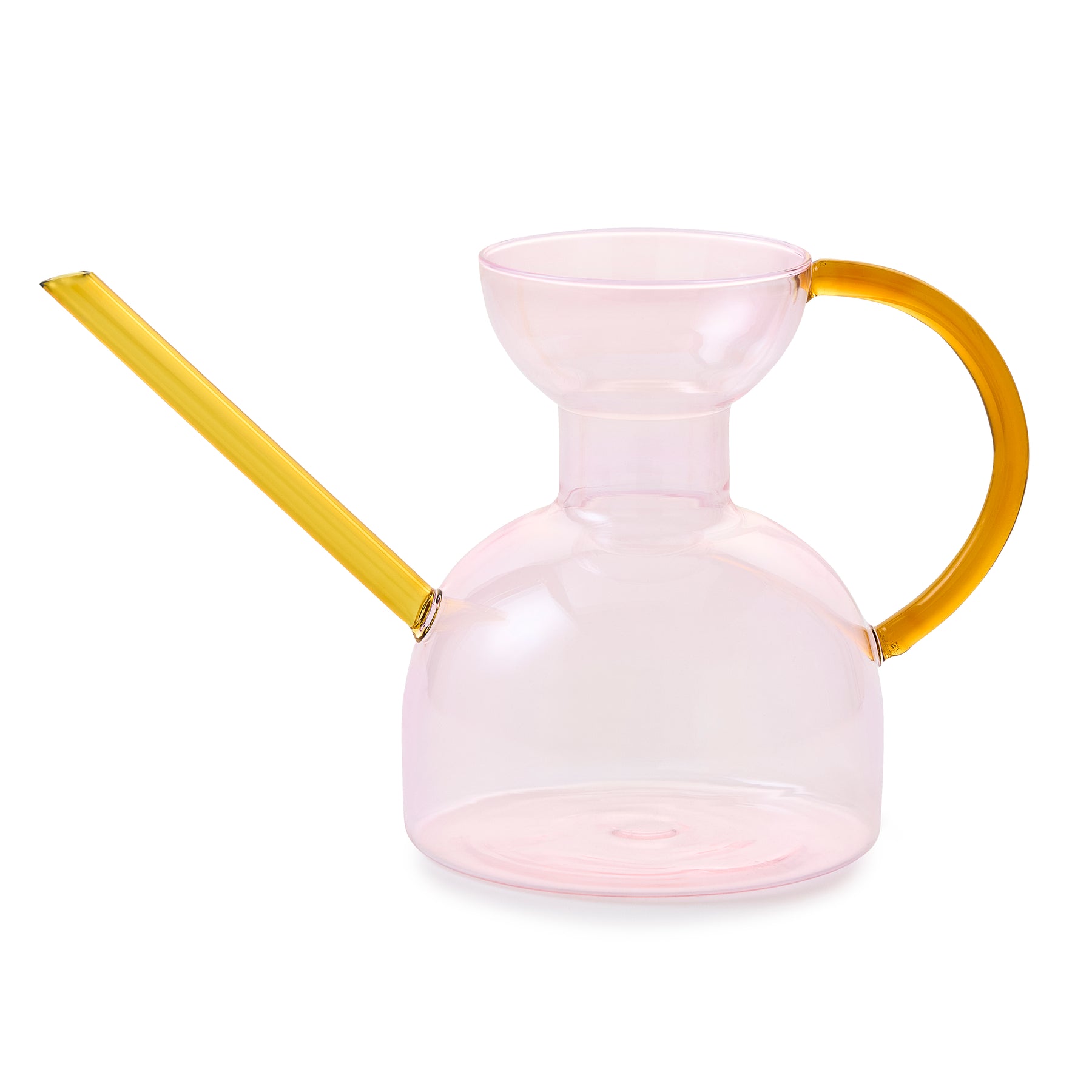 Elegant glass watering can with a round body, yellow handle, and long spout, perfect for indoor plants.