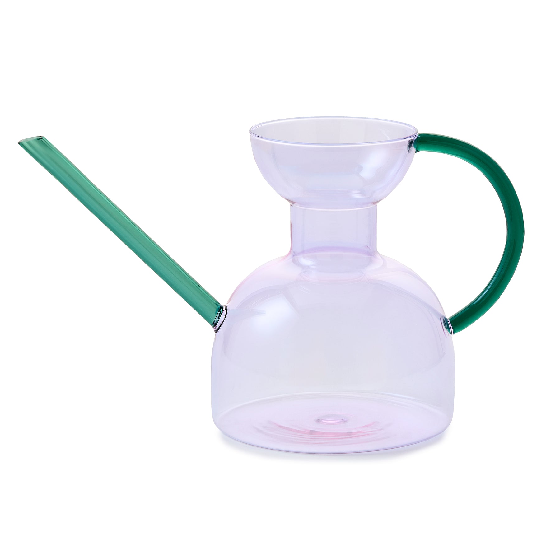 Translucent glass watering can with a green handle and spout, featuring a rounded body and a wide opening for easy filling.