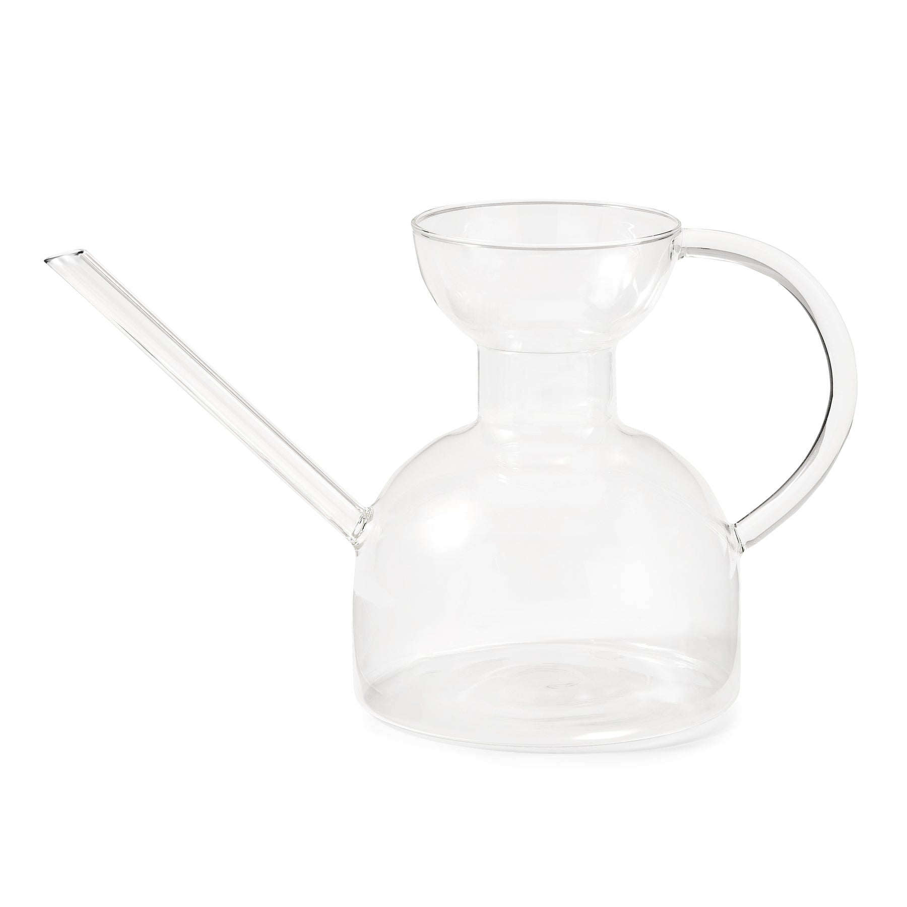 Clear glass watering can with a long spout and a rounded body, designed for easy plant watering.