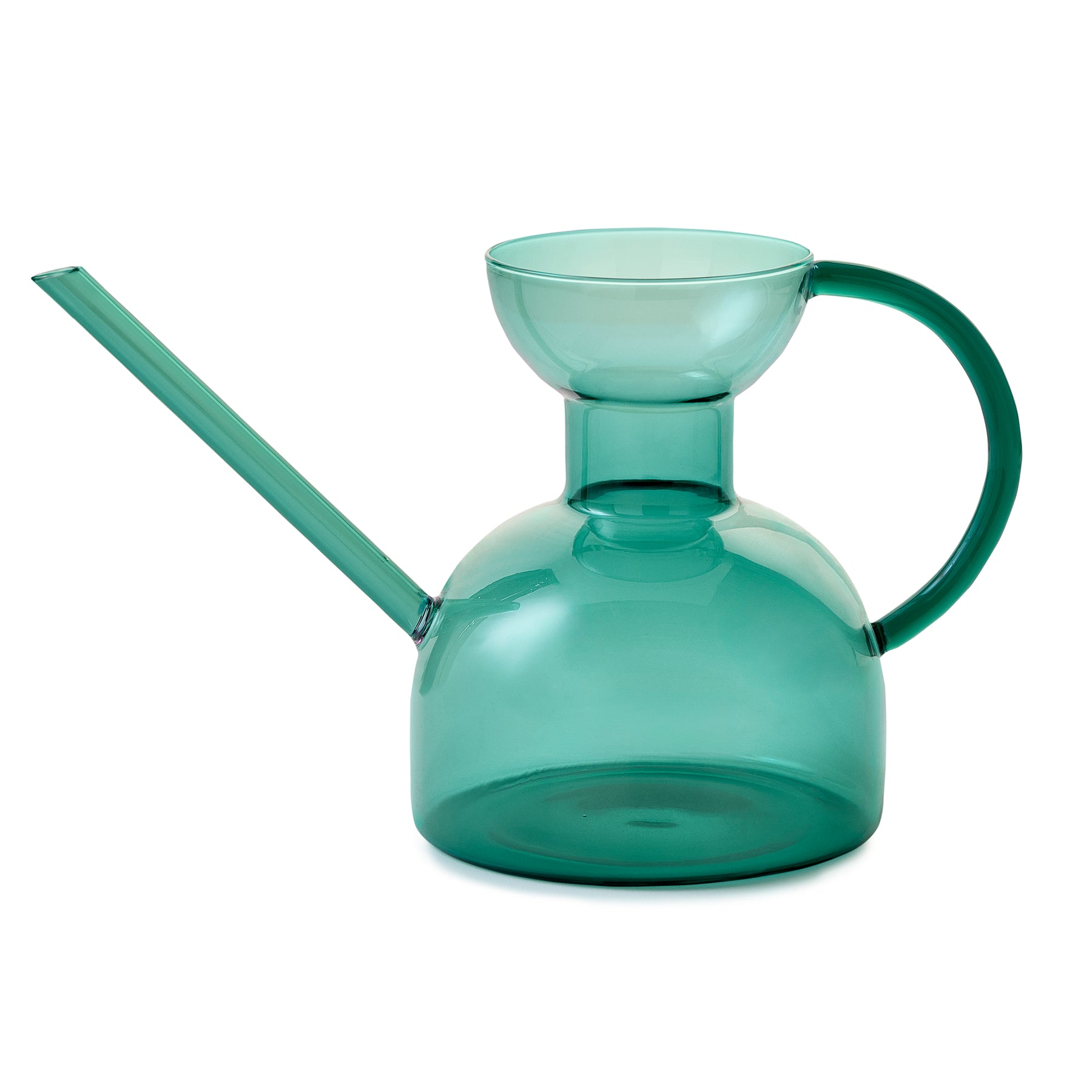 Teal glass watering can with a rounded body, long spout, and a comfortable handle, ideal for indoor plants.
