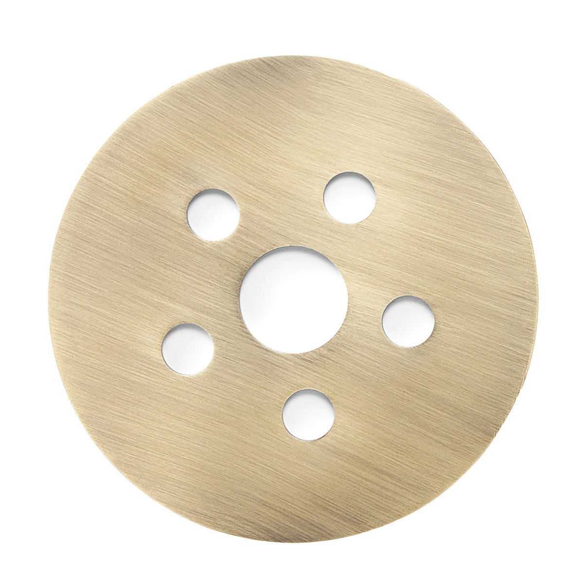 Brass flower frog with a brushed finish, featuring a central hole and five smaller holes for flower arrangement support.