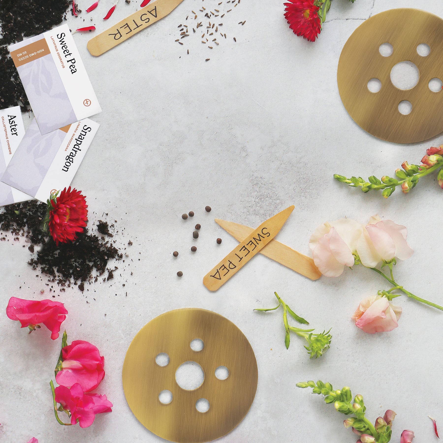 Brass flower frog surrounded by flower seeds, plant labels, and fresh blooms on a light surface.