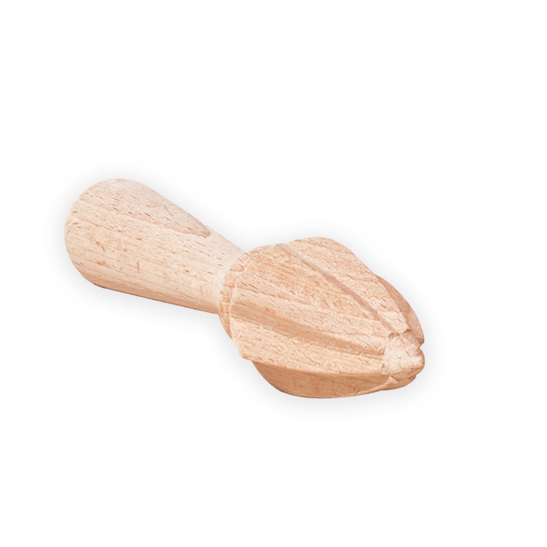 Natural wood citrus reamer with a tapered handle and ridged juicing end for extracting juice from citrus fruits.