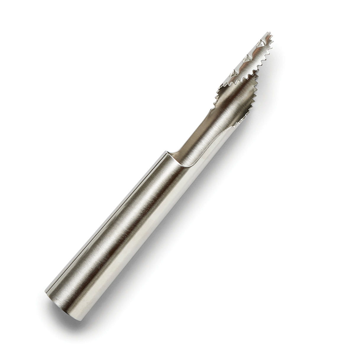 Stainless steel pepper de-seeder tool with a serrated edge for easily removing seeds from peppers.