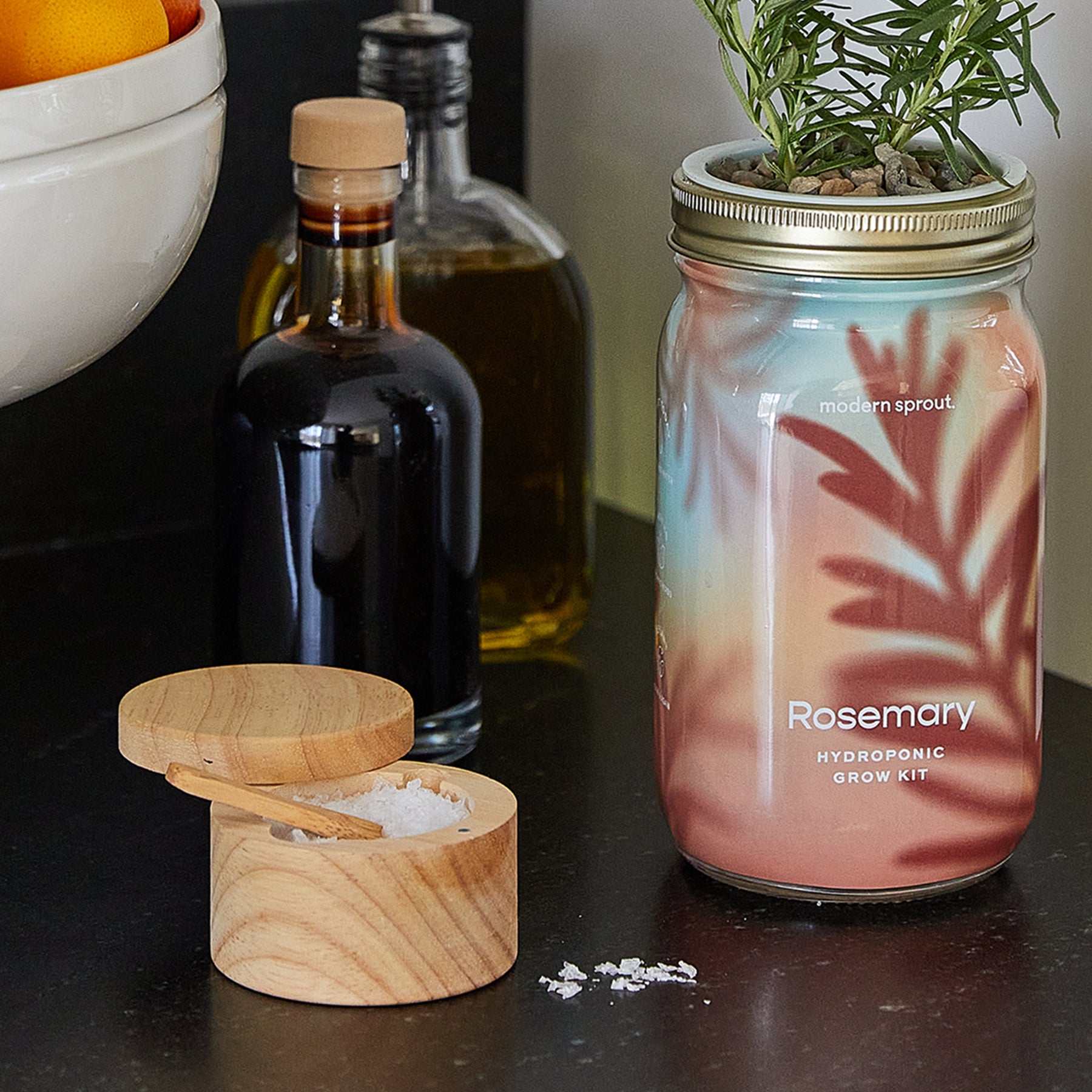 Wooden salt cellar with a spoon beside a colorful hydroponic rosemary grow kit and various bottles on a kitchen counter.