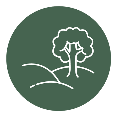 Logo of a tree with hills on a dark green background, symbolizing eco-friendly gardening products.