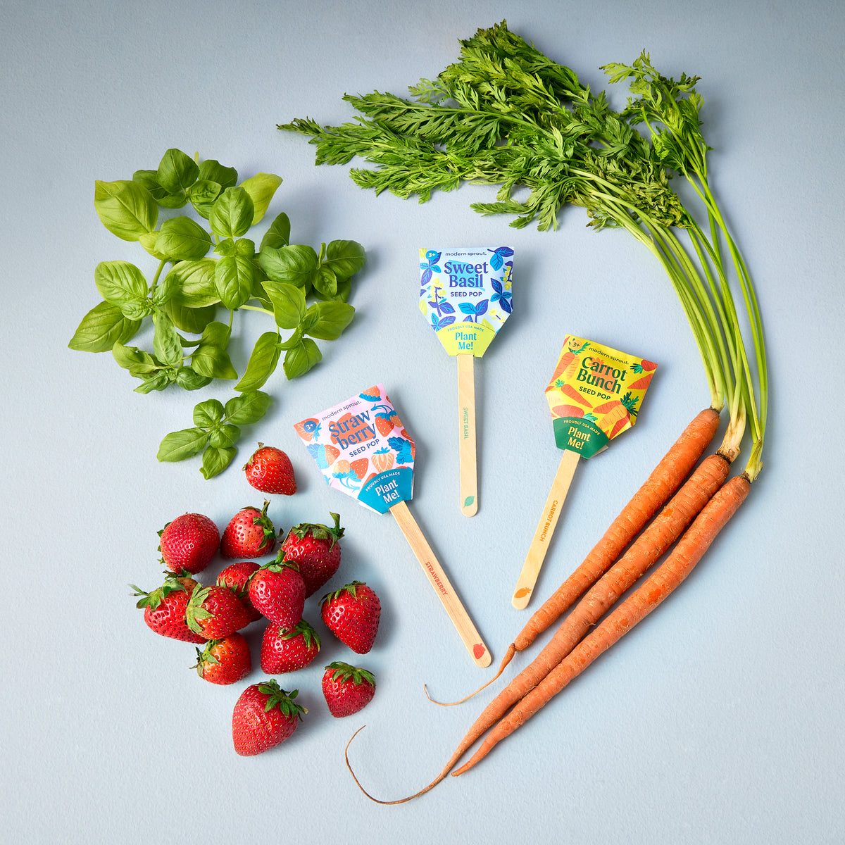 Colorful Seed Pops featuring basil, strawberries, and carrots arranged on a light background, showcasing a vibrant garden theme.