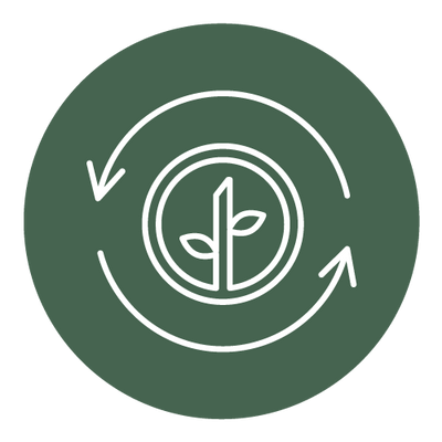 Logo of a sustainable indoor gardening brand, featuring a stylized plant inside a circle with arrows, in white on a dark g...