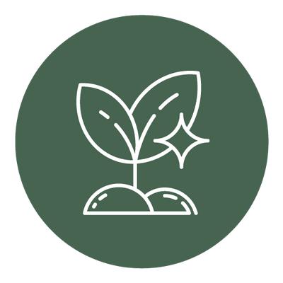 White line art of a sprouting plant with leaves and a sparkle on a dark green background.
