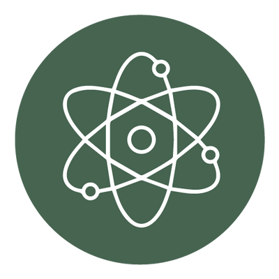 Logo of a white atom symbol on a dark green circular background.