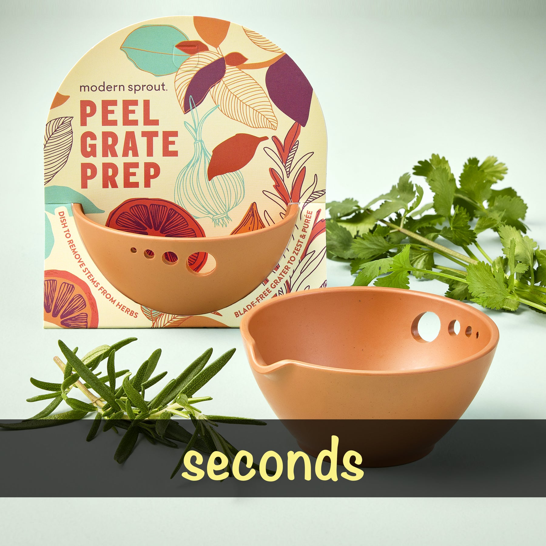Peel, Grate & Prep Dish by Modern Sprout, featuring a terracotta bowl with holes for easy herb preparation.