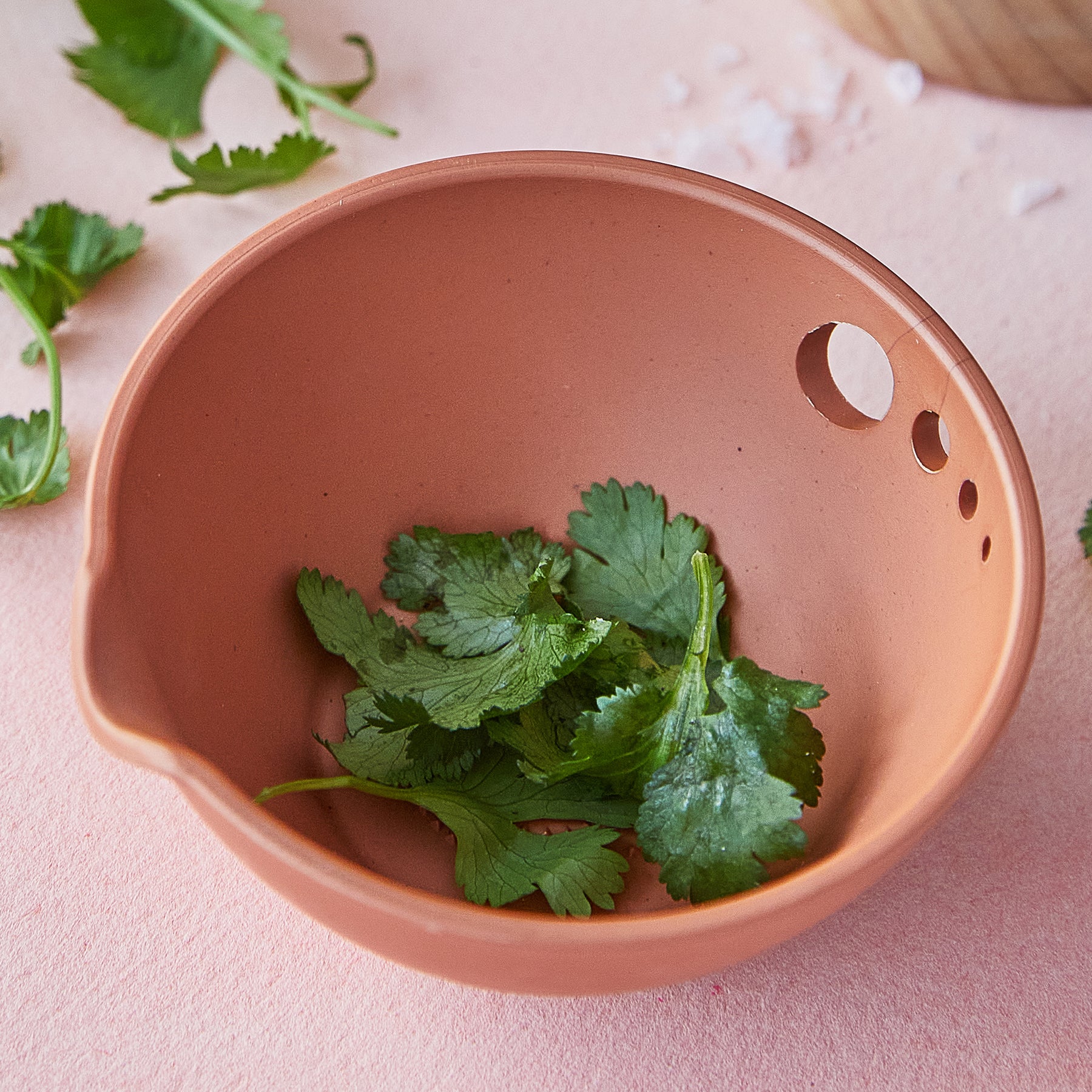 Terra-cotta prep dish with fresh cilantro leaves inside, featuring a pour spout and holes for easy draining.
