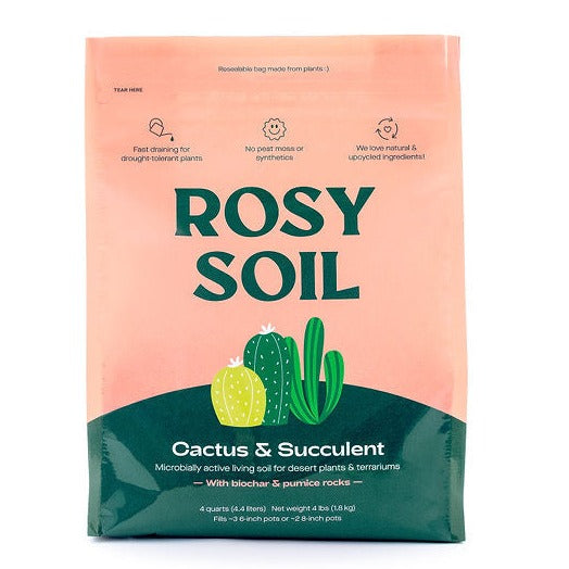 Cactus and succulent grow medium in a pink bag, featuring cacti illustrations and details about its benefits for plants.