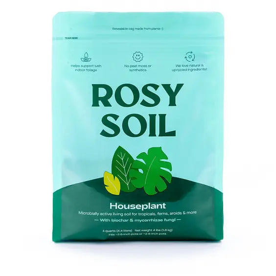 Houseplant soil bag featuring a teal design, labeled "Rosy Soil," ideal for tropical plants and enriched with mycorrhizal fungi.