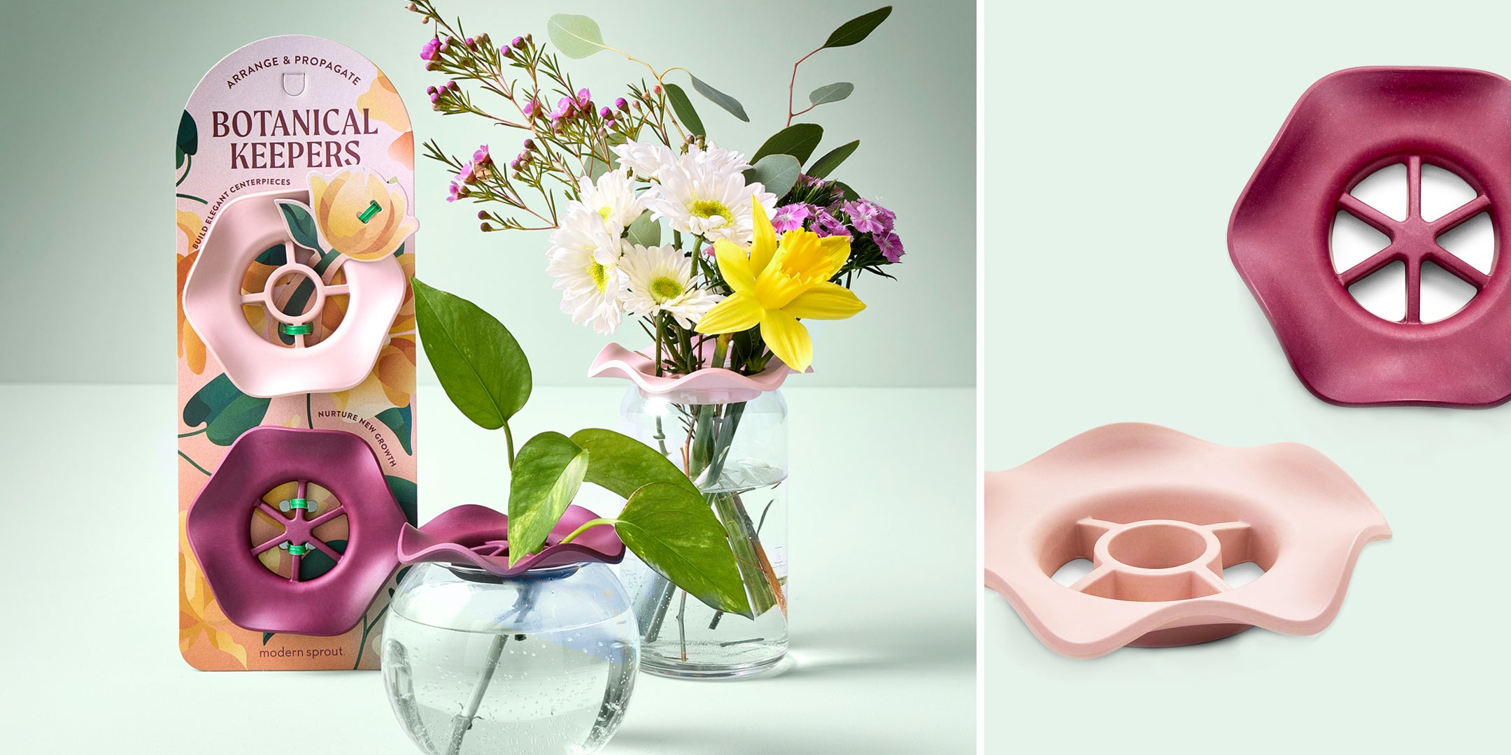 Pink and mauve floral vase accessory, designed for hydroponic plants, displayed with flowers in a glass vase.