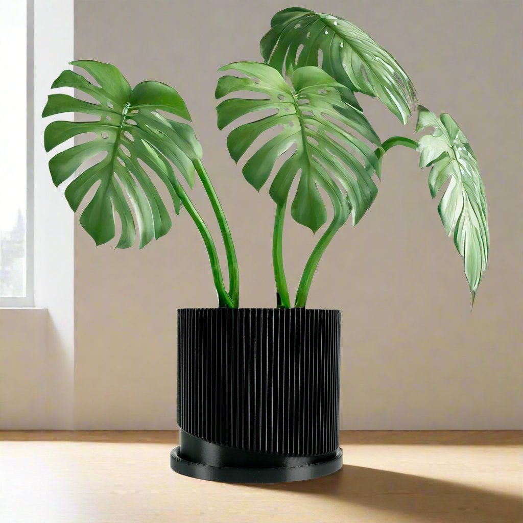 Mid-Century Ribbed Planter with Drainage and Saucer