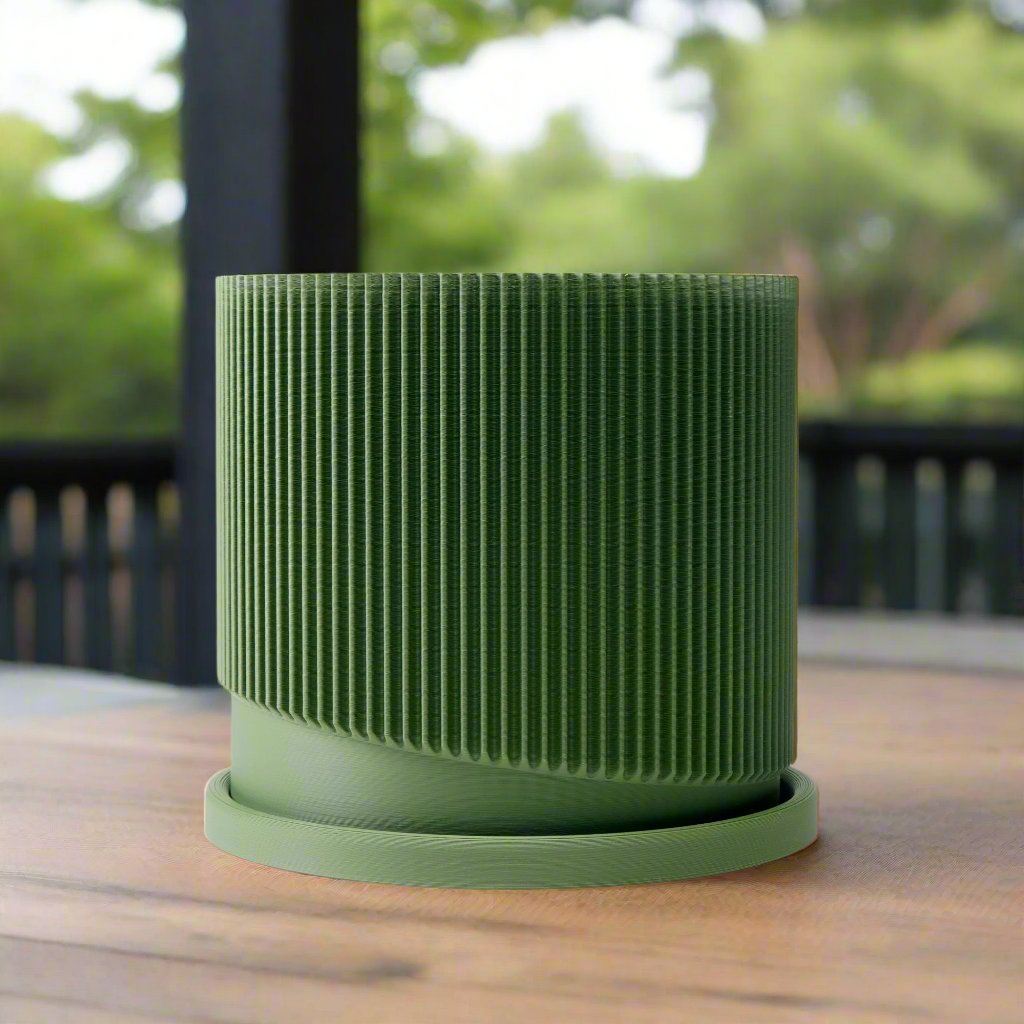 Mid-Century Ribbed Planter with Drainage and Saucer