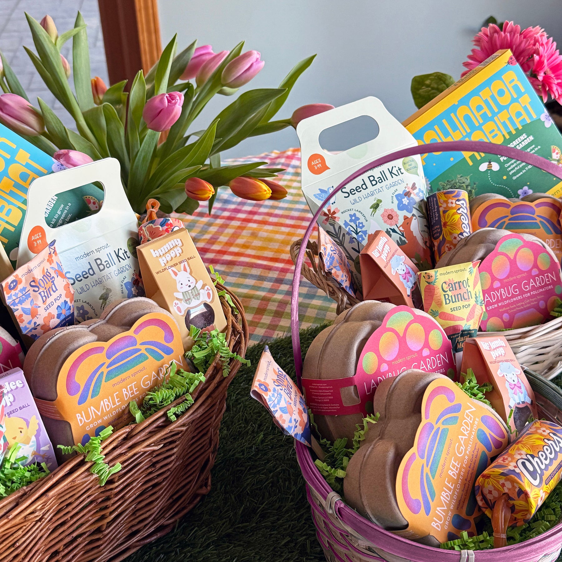 Colorful limited edition Easter baskets filled with seed kits, gardening supplies, and vibrant decorations, surrounded by tulips.