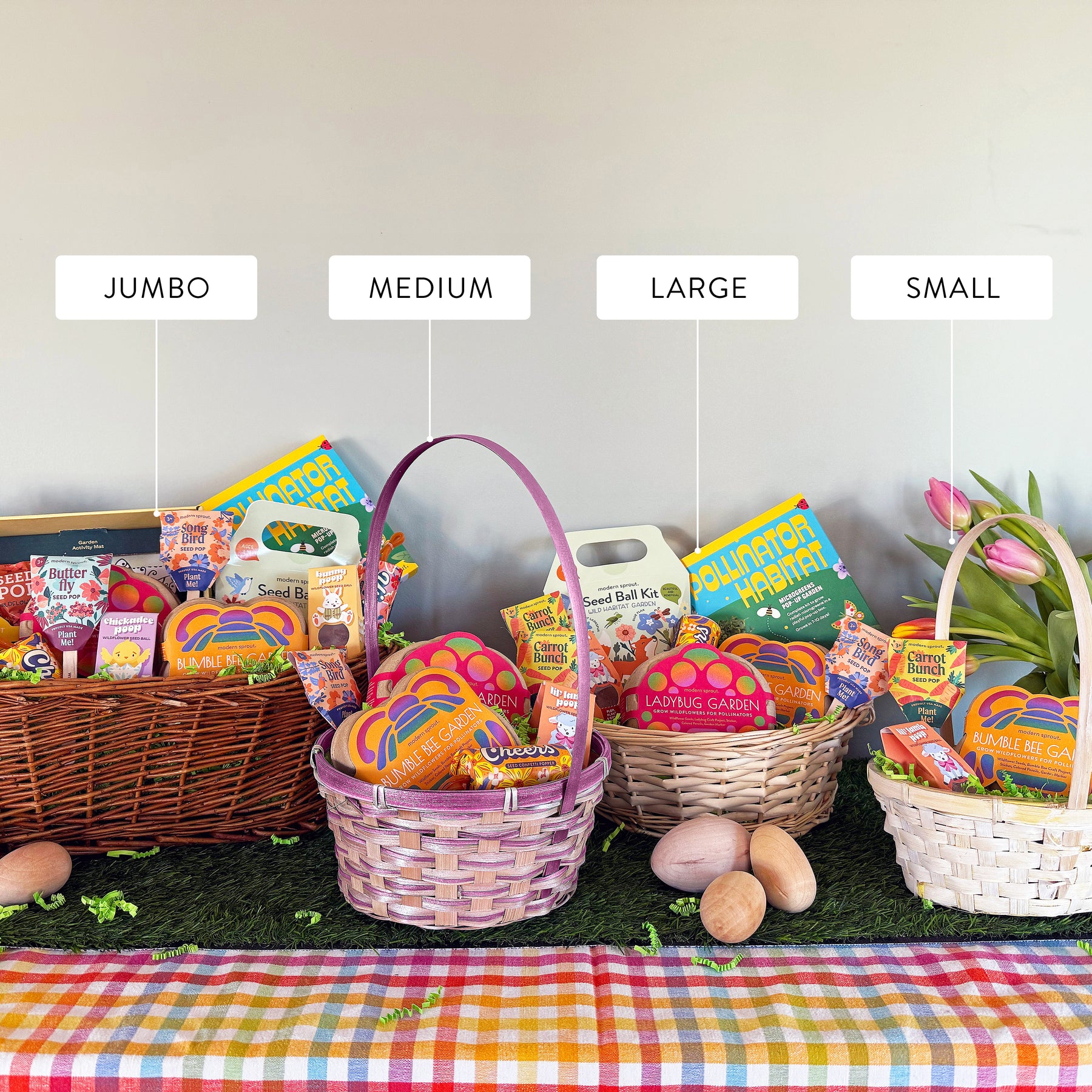 Four limited edition Easter baskets in various sizes—jumbo, medium, large, and small—filled with colorful treats and gardening kits.