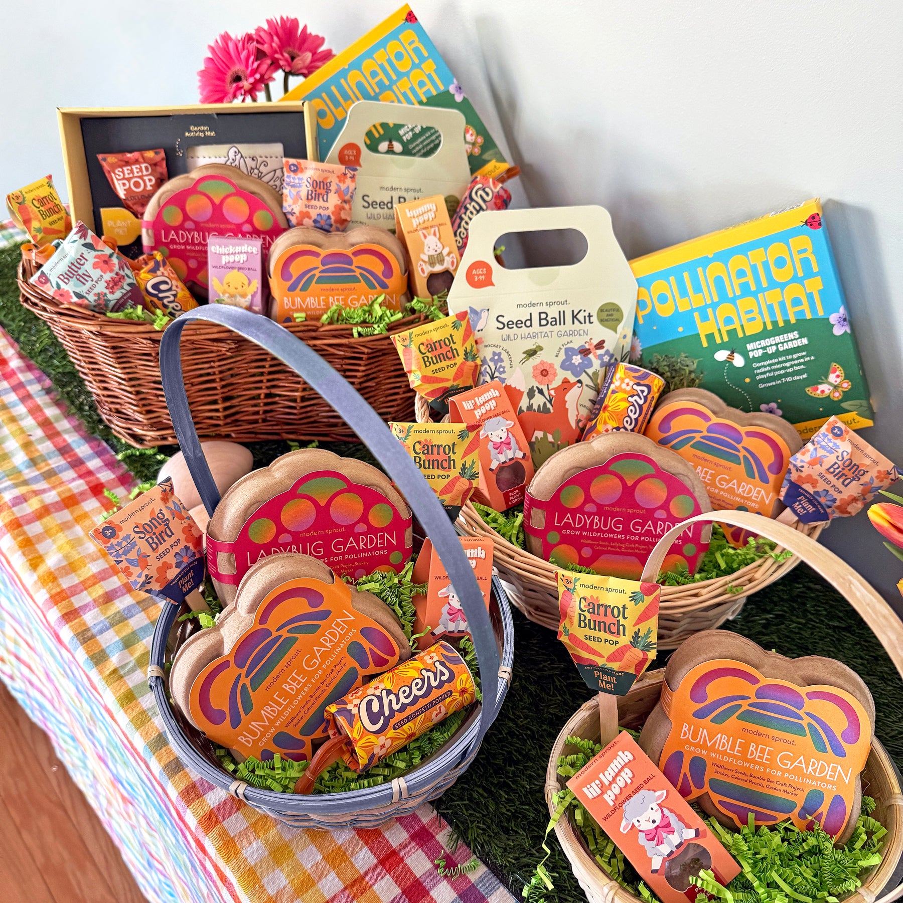 Colorful limited edition Easter baskets filled with themed treats, seed kits, and playful garden decorations.