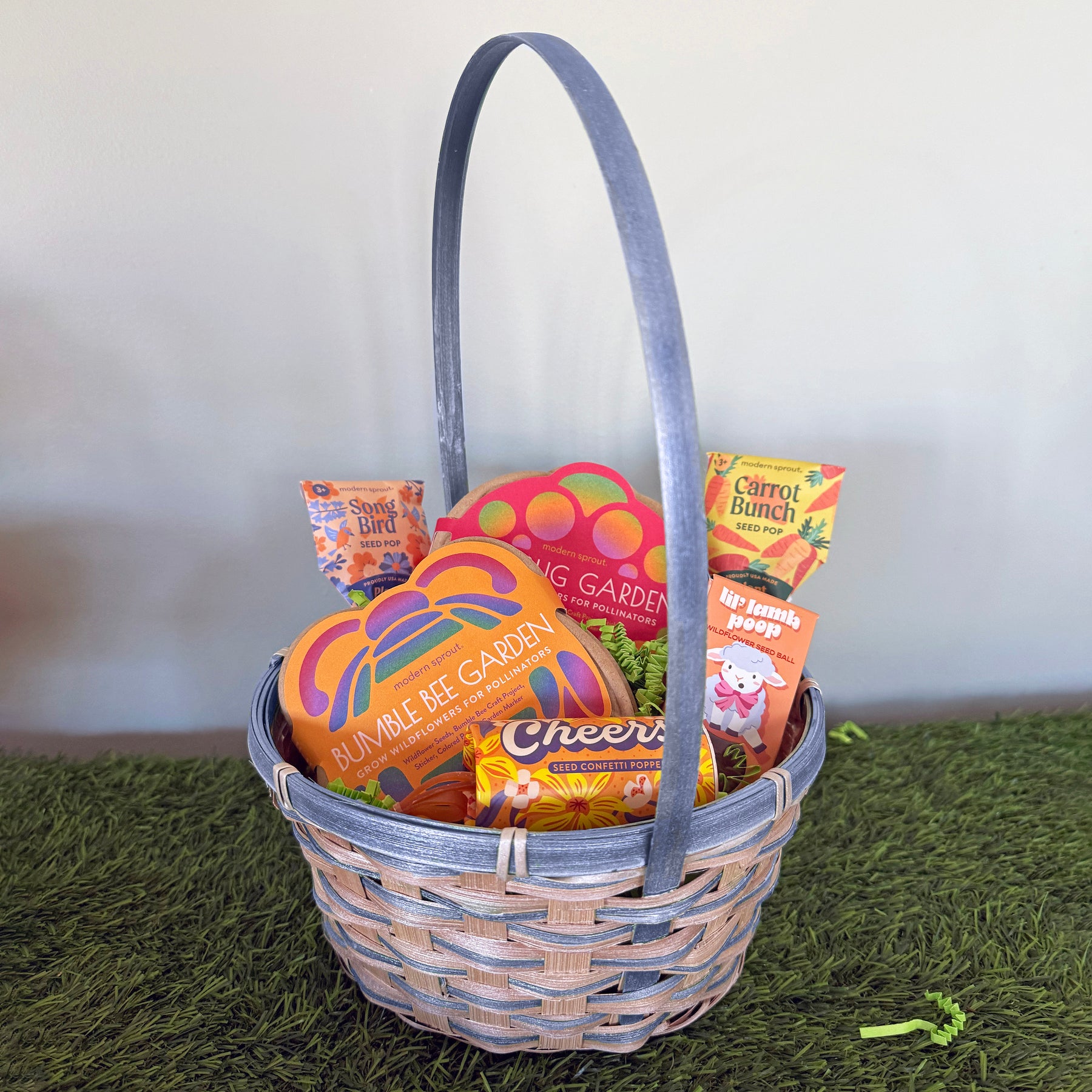 Limited edition Easter basket featuring colorful garden-themed items, including seed packets and cheerful decorations.