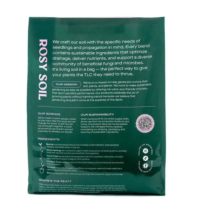 Bag of Rosy Soil designed for seedlings, featuring nutrient-rich ingredients and beneficial microbes for healthy plant growth.