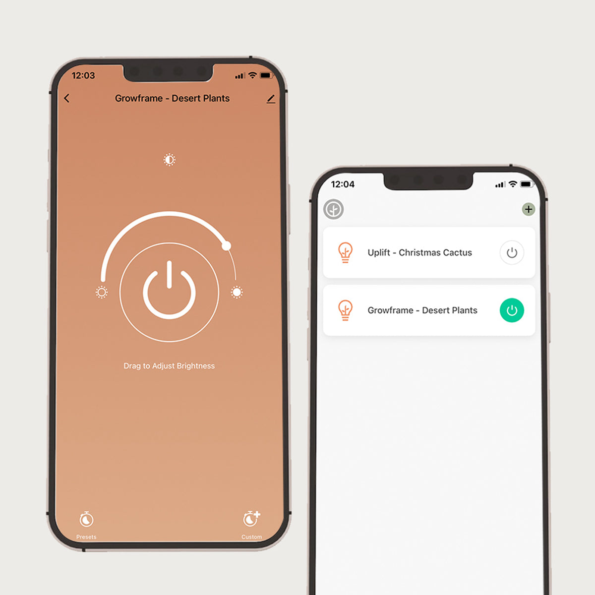 Two smartphones displaying apps for controlling indoor plant growth systems, one in desert theme.