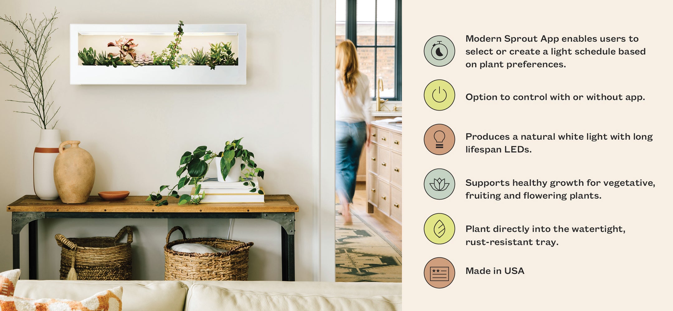 Modern indoor garden wall shelf with plants, in a bright, stylish room.