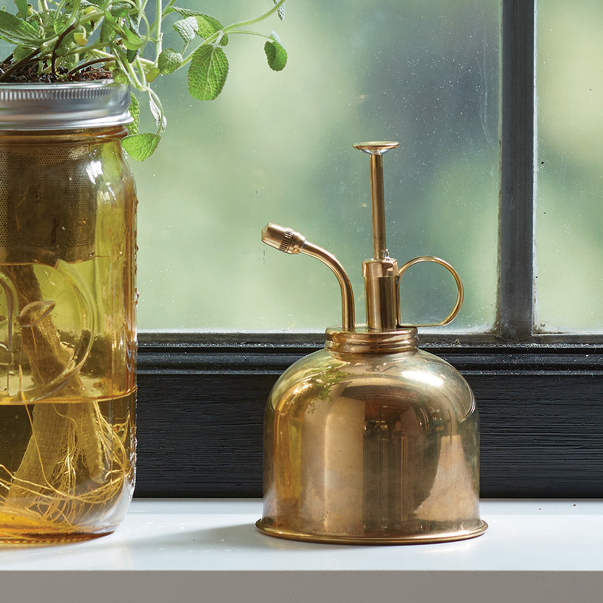 Brass plant mister on a windowsill beside a jar with plant roots.