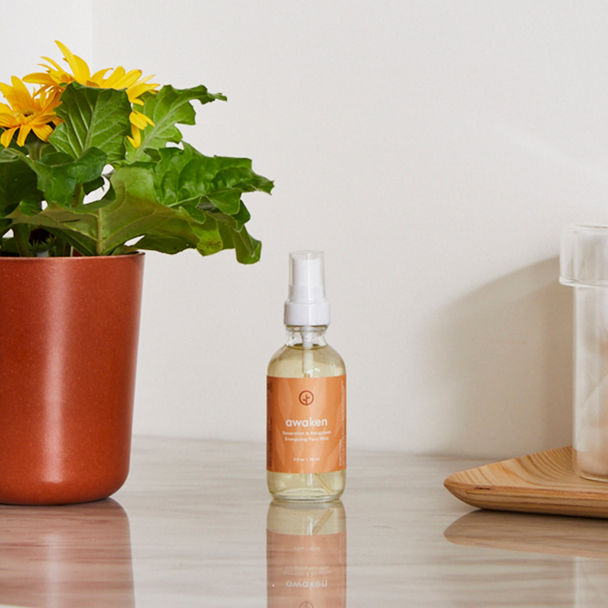 Shine Bright Face Mist 3-pack displayed on a marble surface beside a potted plant and wooden tray.
