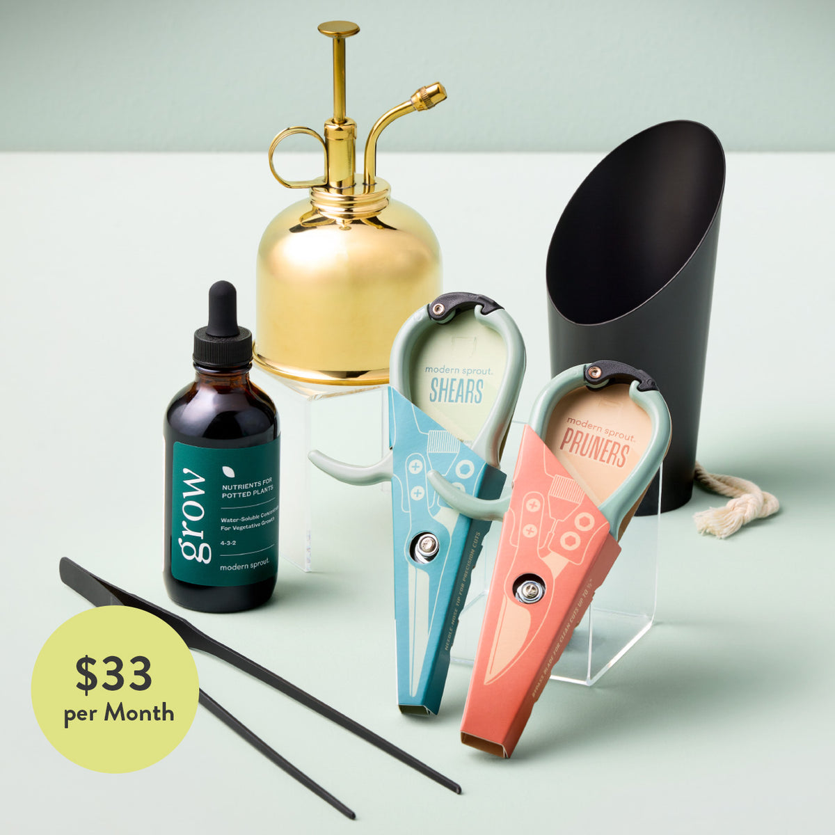 Hydroponic tools, nutrient bottle, black planter, and plant scissors in pastel blue and peach, with a gold spray bottle on...