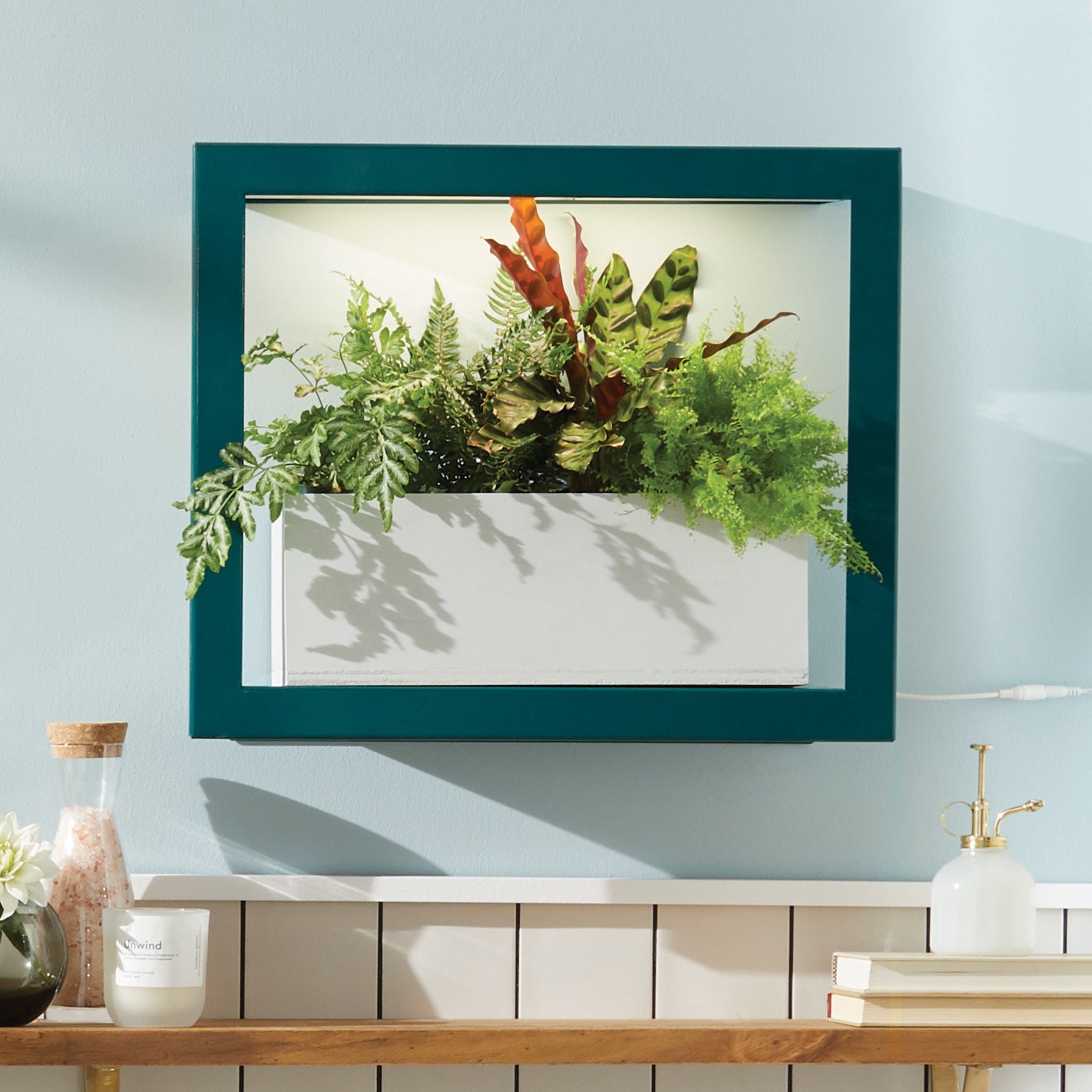 A wall-mounted Smart Standard Growframe featuring a variety of lush green plants in a white planter.