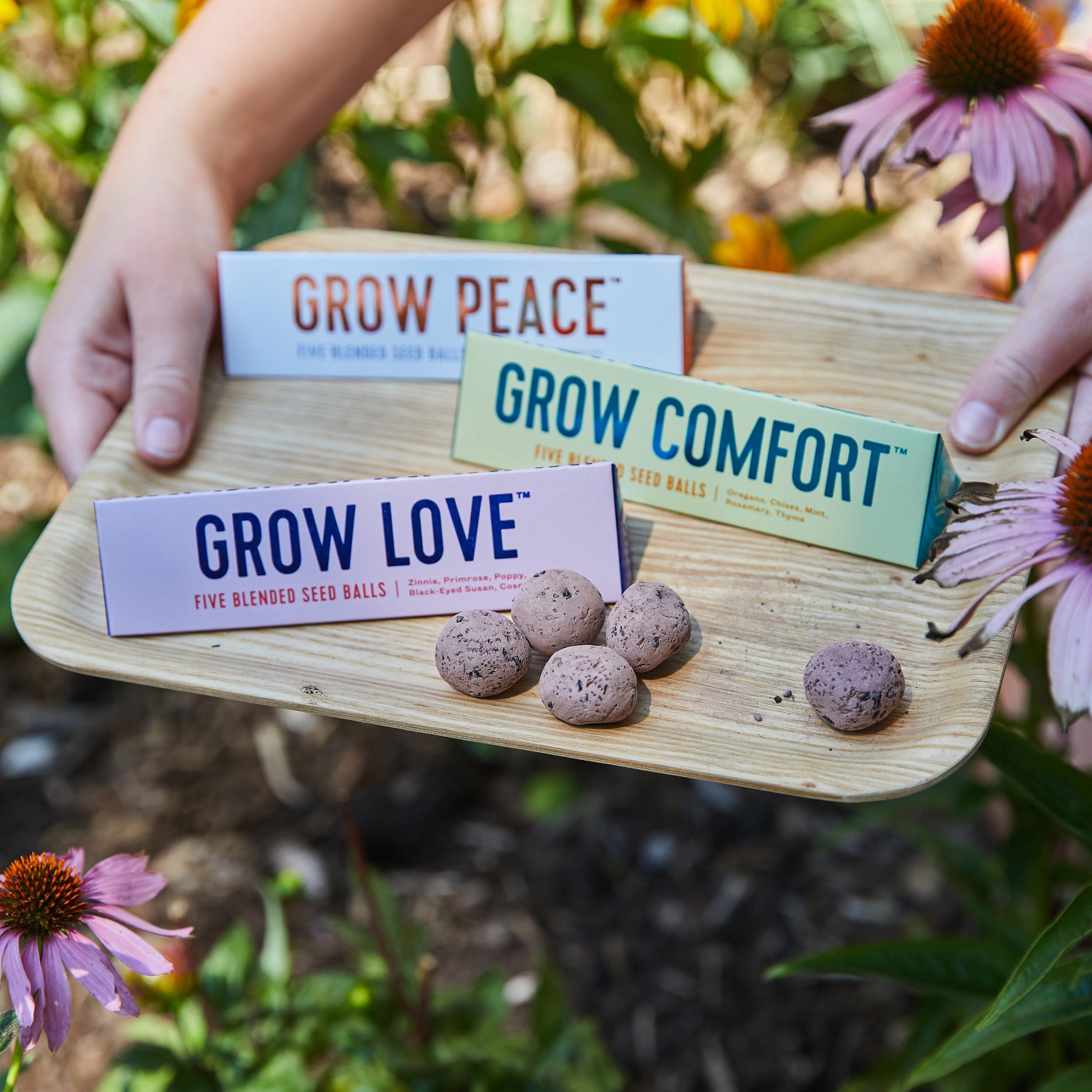 Hands holding a bamboo tray with three Bright Side Seed Balls packages: Grow Peace, Grow Love, and Grow Comfort, alongside five seed balls.