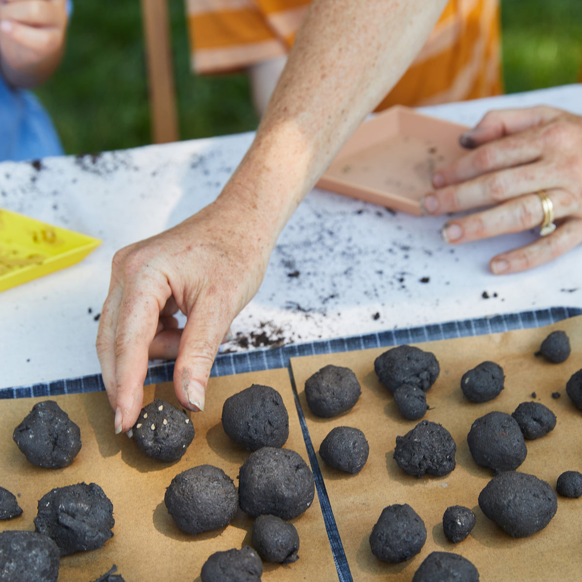 A hand places a seed ball on a table covered with soil and more seed balls, showcasing a seed ball kit activity.
