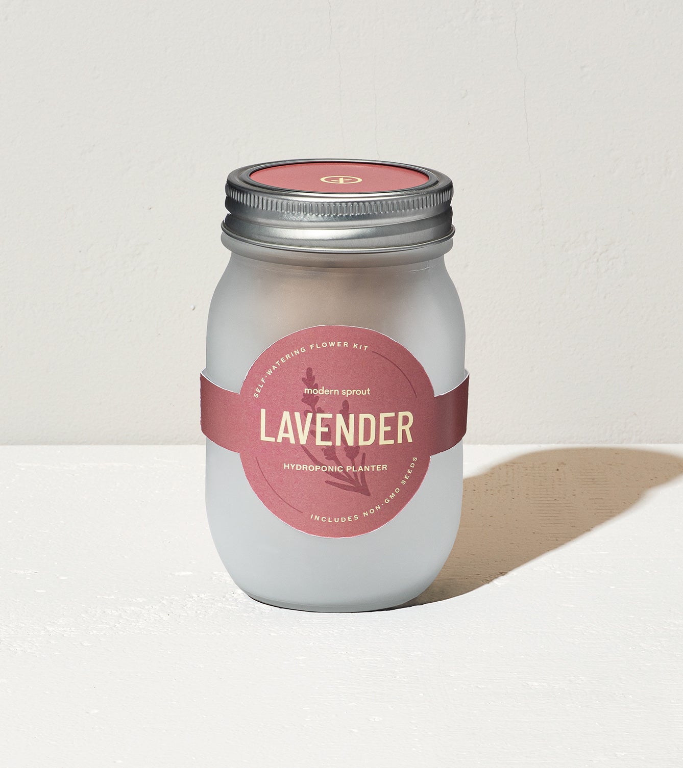 Frosted glass jar labeled "Lavender," designed for hydroponic planting, featuring a silver lid and Modern Sprout branding.