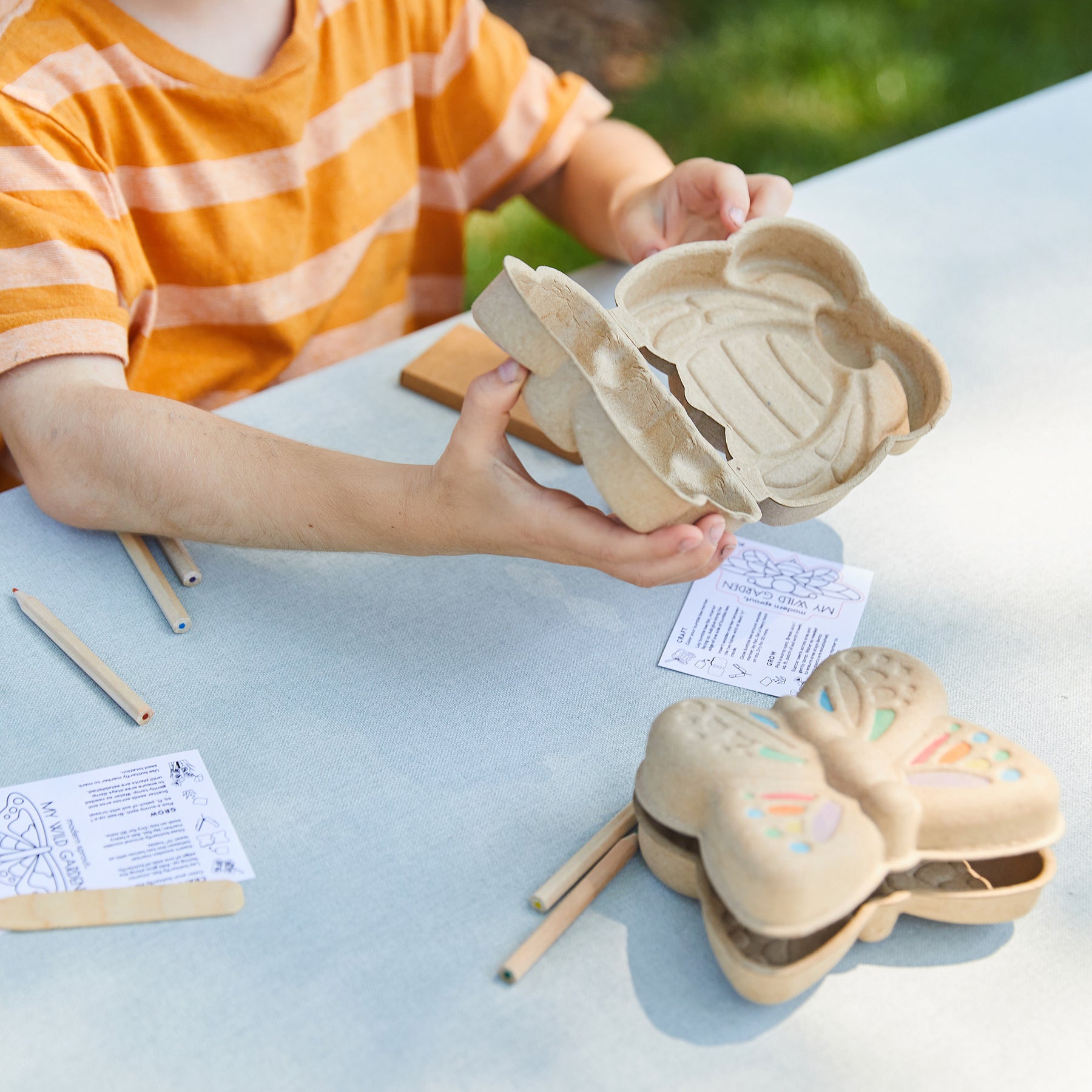 Child holding a biodegradable garden kit shaped like a butterfly, with colored pencils and instructions on a table.
