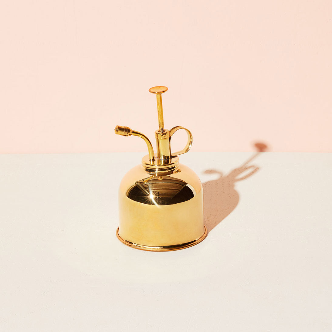 Brass plant mister with a curved spout and handle, casting a shadow on a light surface against a pastel background.