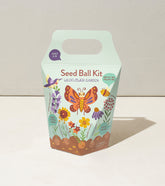 Colorful Seed Ball Kit packaging featuring wildflowers, butterflies, and birds, promoting a pollinator-friendly garden.