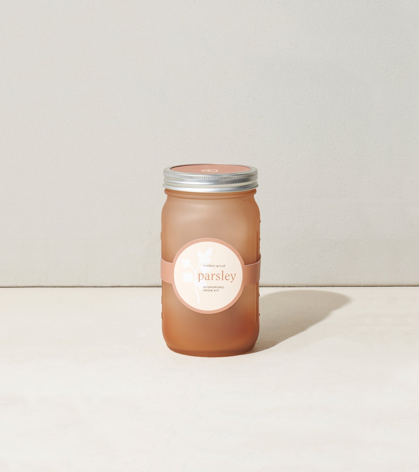 Glass garden jar containing parsley, featuring a simple label with the word "parsley" and a minimalist design.