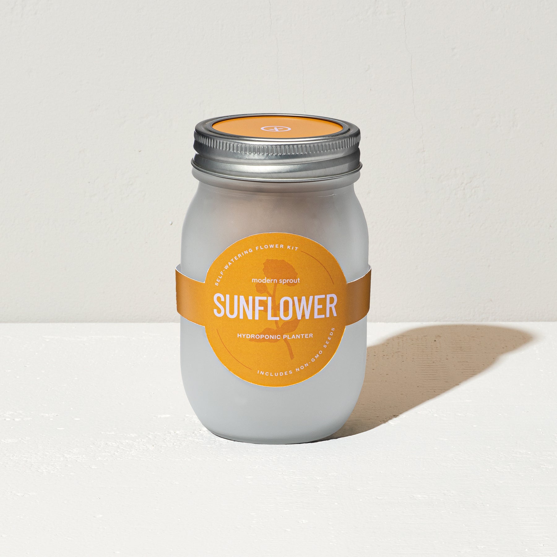 Frosted glass jar labeled "Sunflower" for hydroponic planting, featuring a silver lid and an orange band.