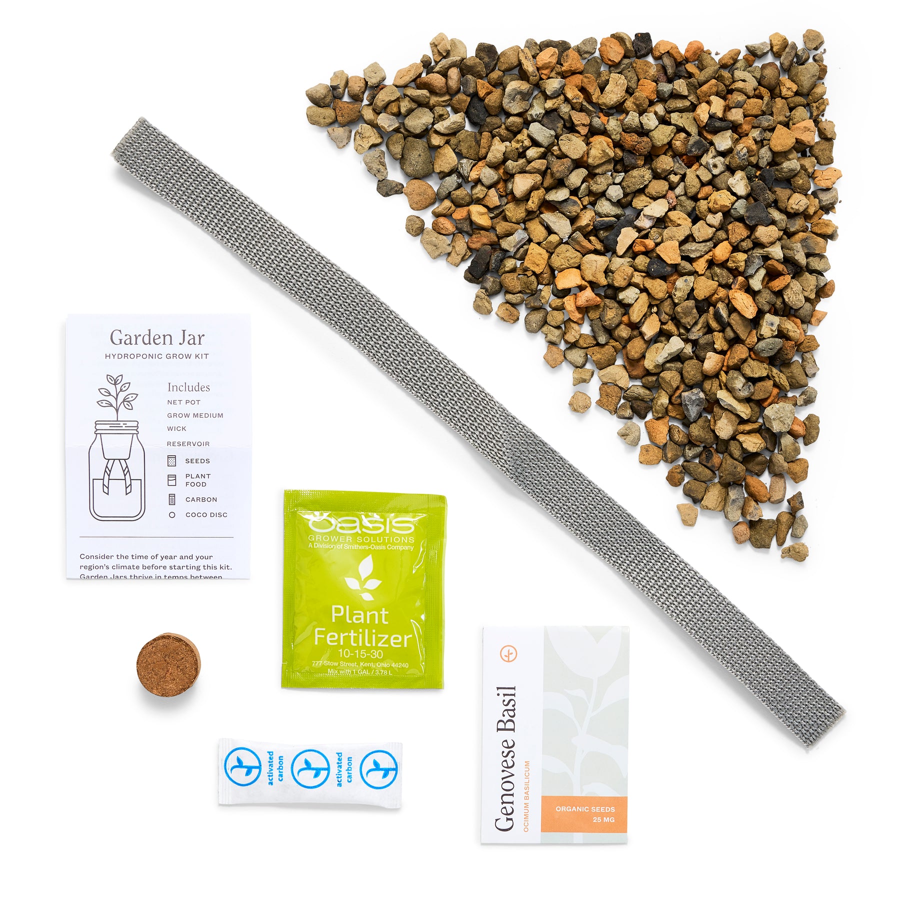 Passive Hydroponic Replant Kit featuring a garden jar, growing medium, plant fertilizer, and Genovese basil seeds.