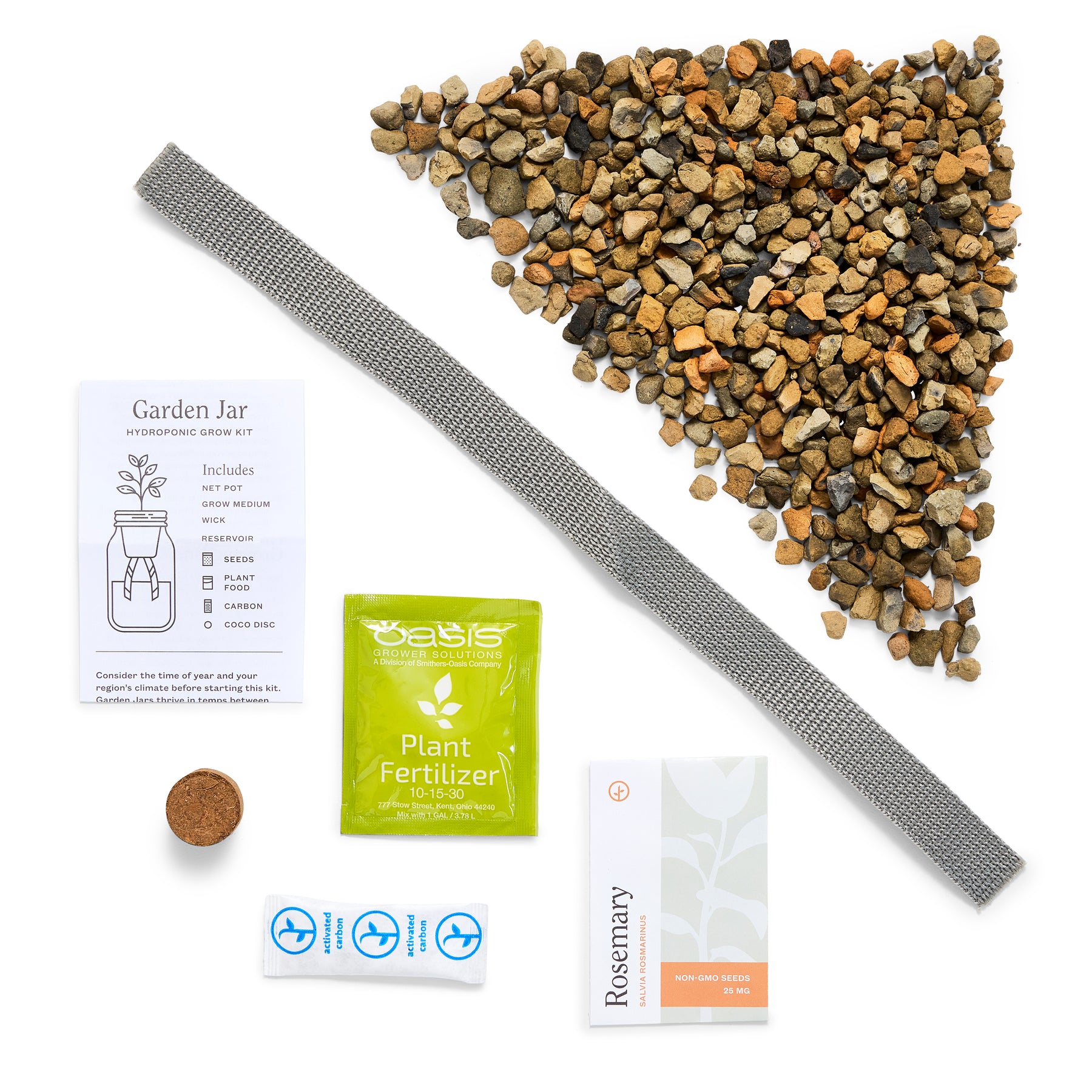 Passive Hydroponic Replant Kit featuring a garden jar, growing medium, plant fertilizer, and rosemary seeds.