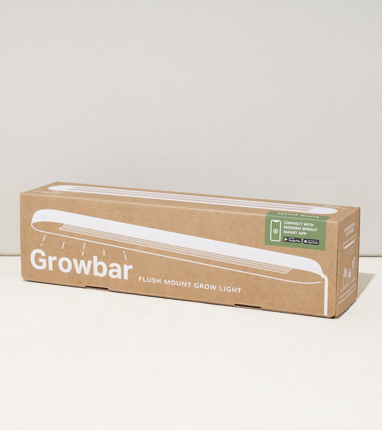 Smart Growbar packaging featuring a sleek design, labeled as a flush mount grow light for indoor plants.