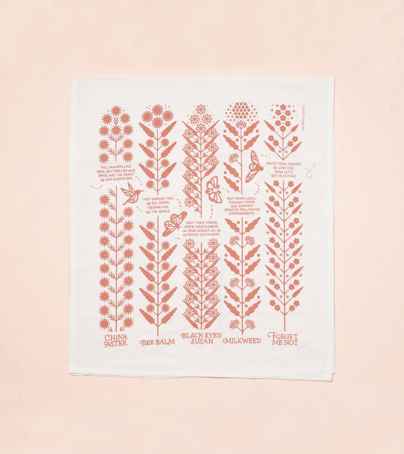Tea towel featuring botanical illustrations of flowers with labels, showcasing a detailed floral design in coral on a white background.
