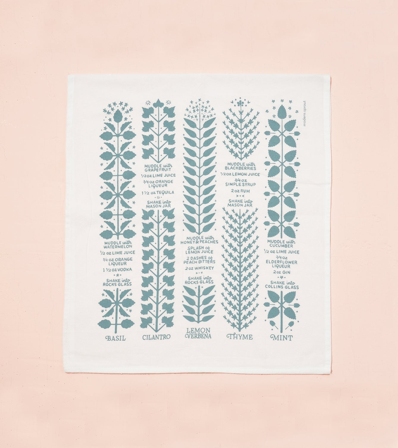 Tea towel featuring botanical illustrations and recipes for basil, cilantro, thyme, and mint in teal on a white background.
