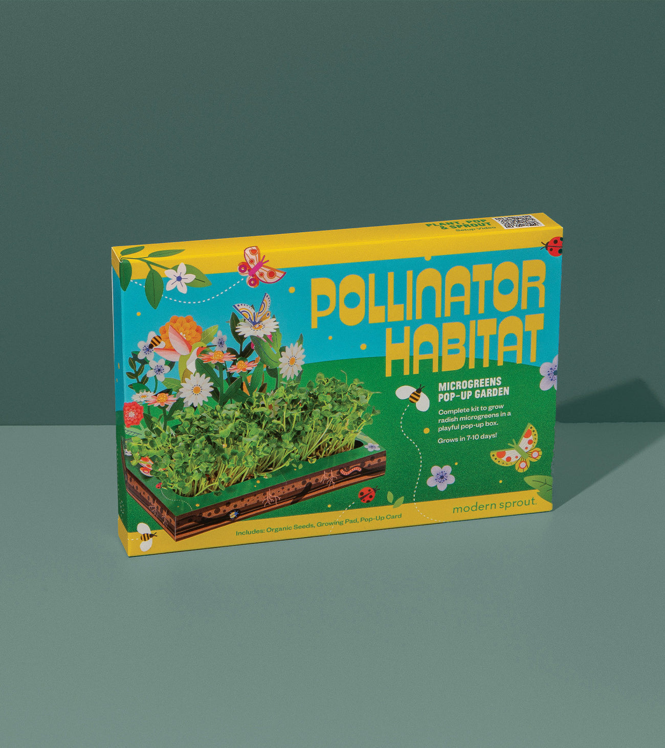 Microgreens Pop-Up Kit box featuring vibrant illustrations of flowers and butterflies, designed for easy indoor gardening.