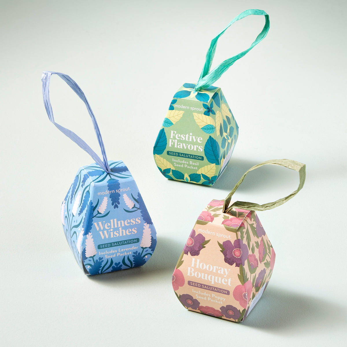 Three decorative seed packets from Modern Sprout labeled "Wellness Wishes," "Festive Flavors," and "Hooray Bouquet.