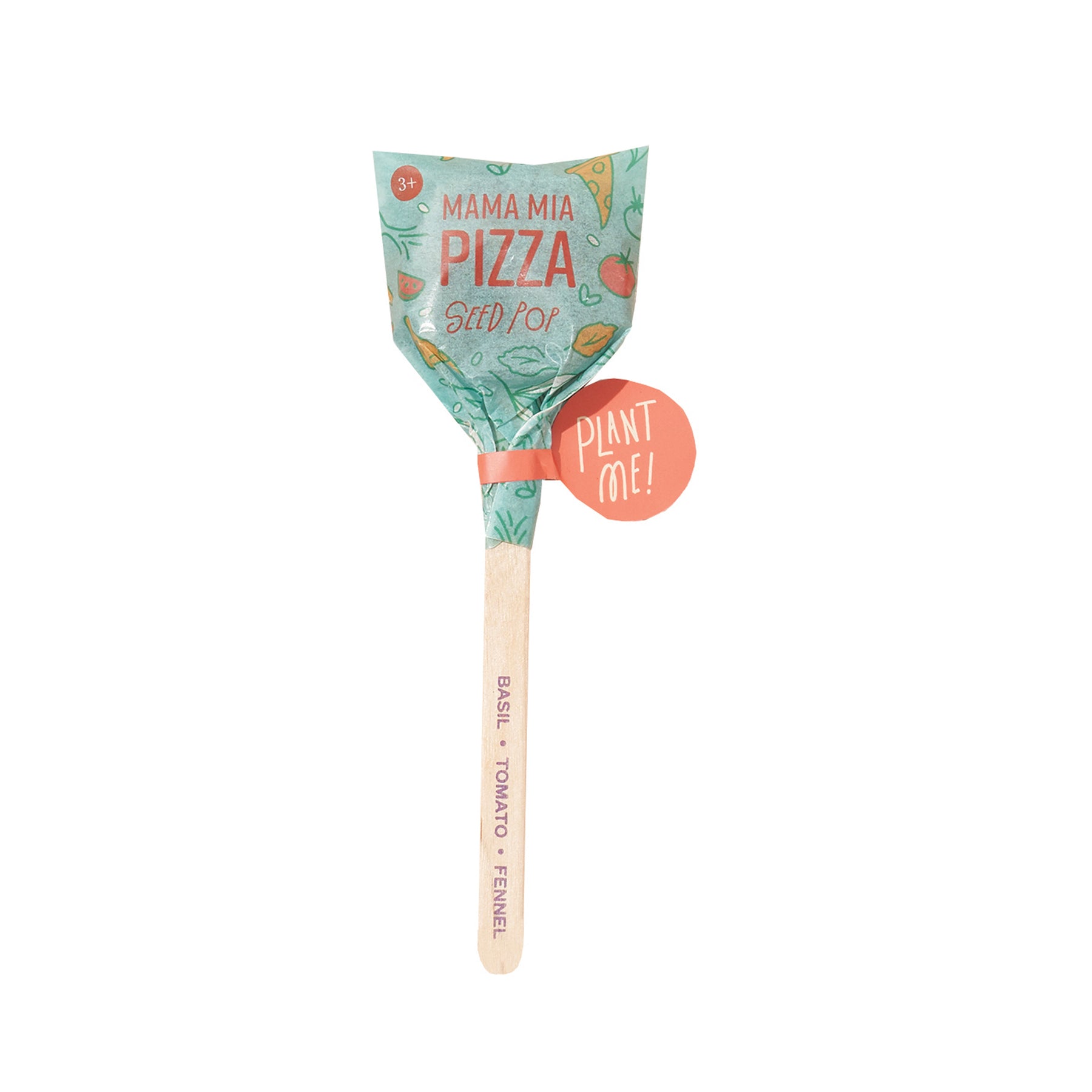 Seed lollipop featuring basil, tomato, and fennel seeds, designed for planting in a garden or pot.