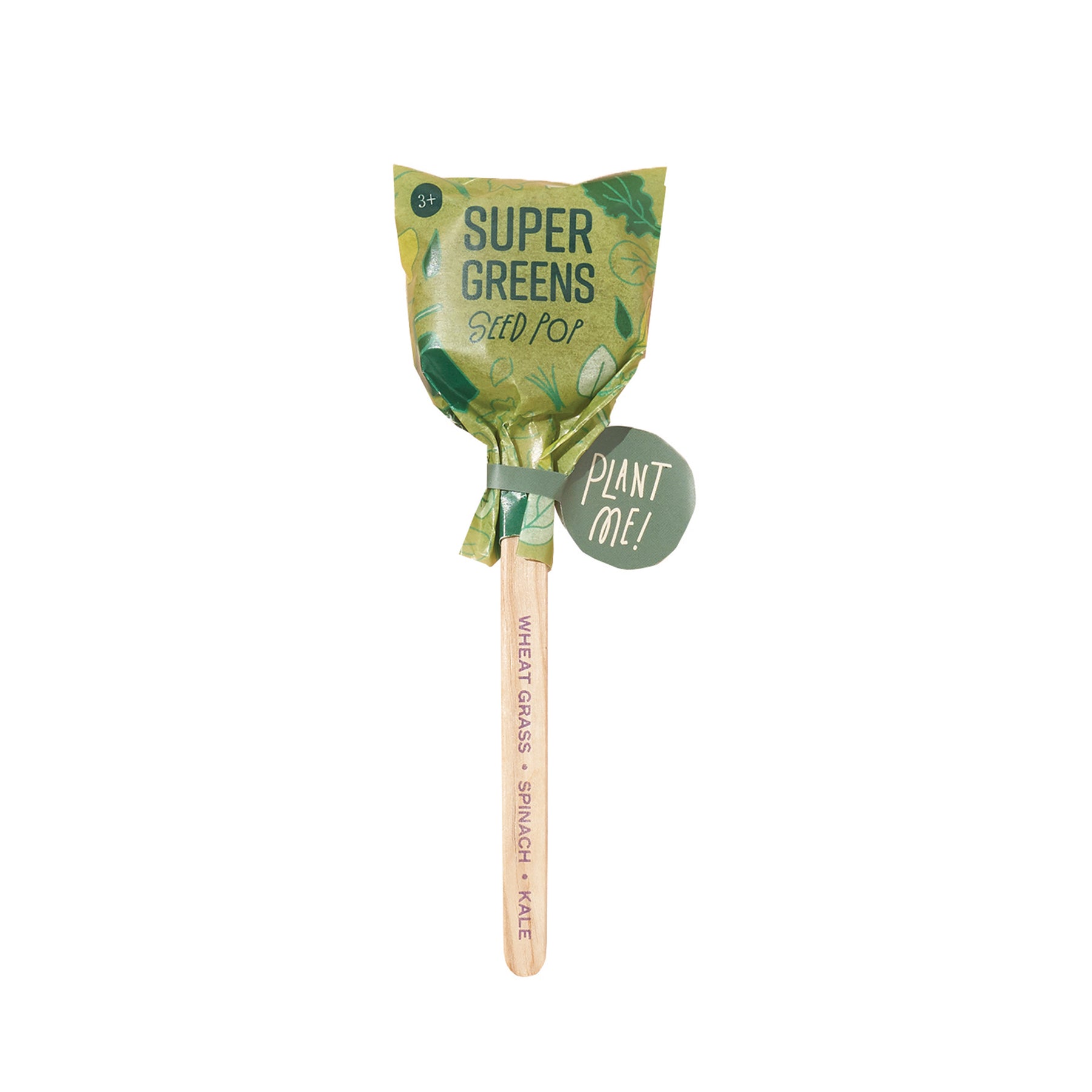 Seed lollipop featuring a colorful wrapper with "Super Greens" label, attached to a wooden stick for planting.